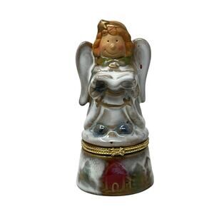 Singing Angel Porcelain Hinged Trinket Box with Village Scene Base 4.5" Tall